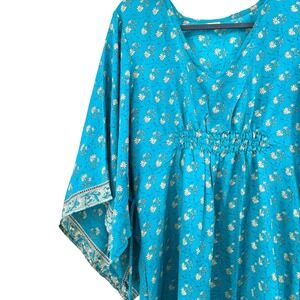 Boho Silk Blend Kaftan‎ Maxi Dress Teal Floral Kimono Sleeve Tassel India